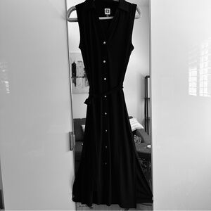 Anne Klein black Full Length Sheath, Gold Tone Buttons Collar V-Neck